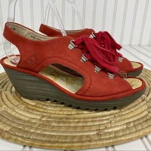 Fly London Ylfa Suede Lace Up Wedge Heel Sandal Size 8-8.5 (39)